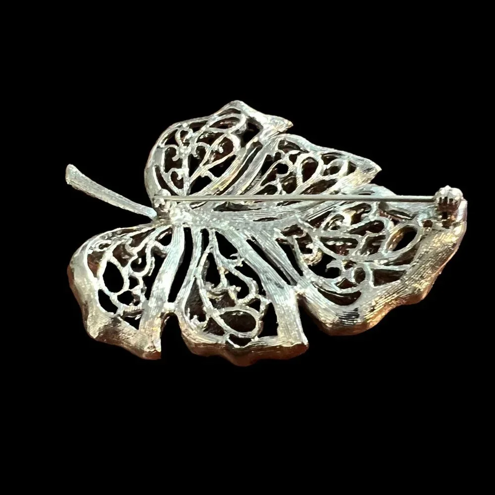 Monet Brooch Leave Brushed‎ Silver Tone Filigree Swirl Vintage Pin